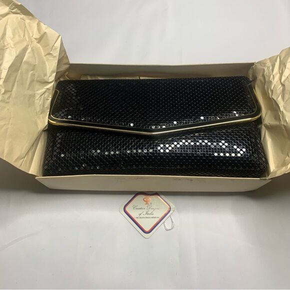 Black Metal Mesh-Metal Gold Tone Metal Trim Evening Shoulder Purse or Clutch - Picture 9 of 15